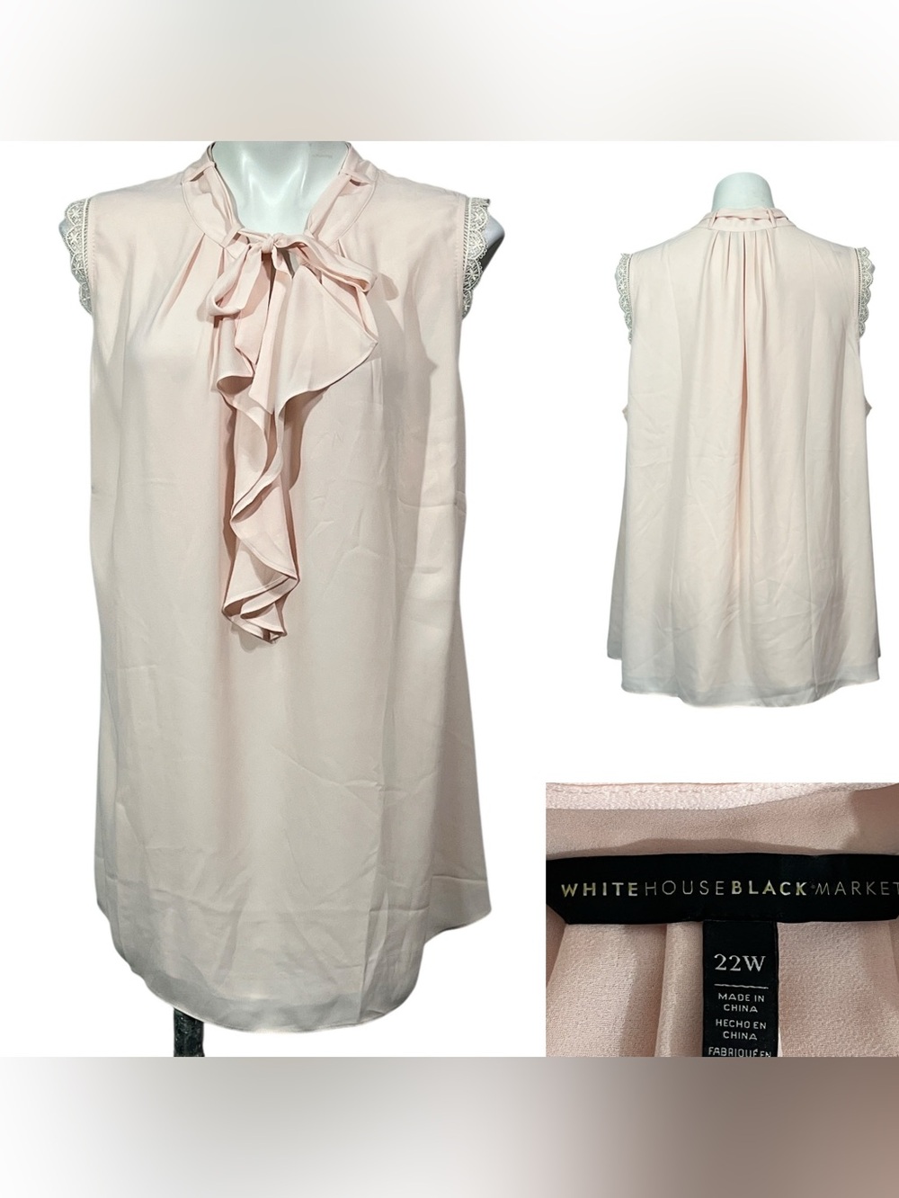 White House Black Market blouse plus sz 22w Pink Ruffle Tie Neck Sleeveless